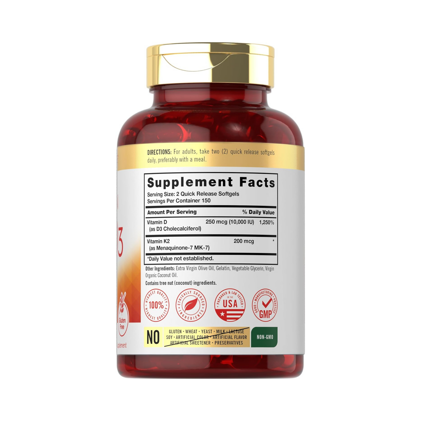 Carlyle Vitamina K2 MK7 e D3, 200 mcg e 10.000 UI (dosagem em 2 cápsulas), 300 Cápsulas Gelatinosas