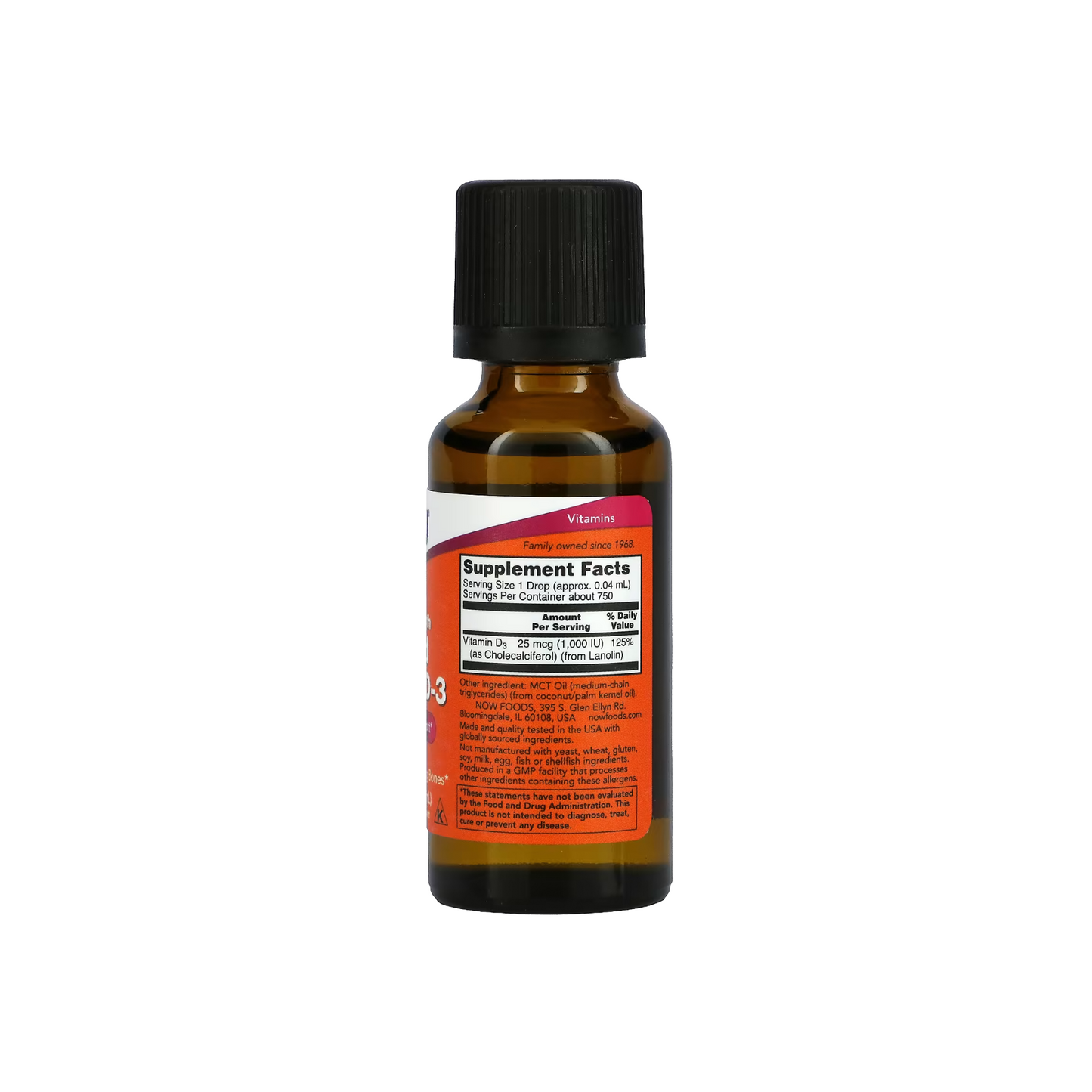 NOW Foods Vitamina D-3 Líquida Força Extra 25 mcg (1000 UI) 30 ml (1 fl oz)