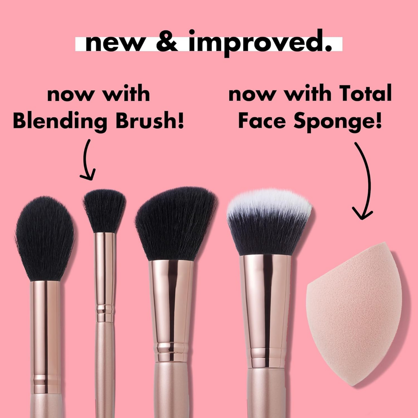 e.l.f. Kit Complexion Essentials, Pincéis para Corretivo, Pó, Blush e Iluminador + Esponja, Vegano e Livre de Crueldade