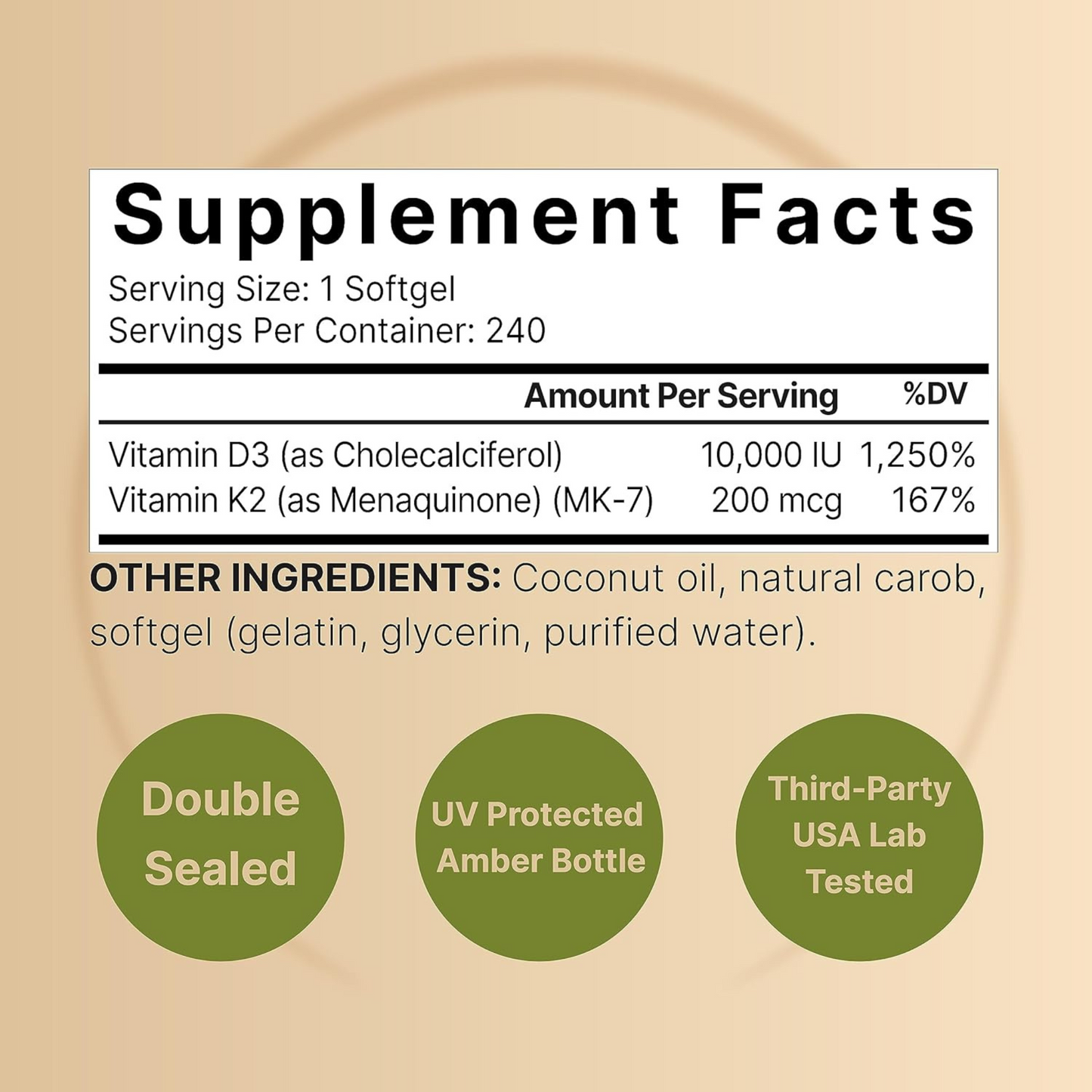 NatureBell Vitamina D3 10.000 UI + K2 MK-7 200 mcg com Óleo de Coco, 240 Cápsulas