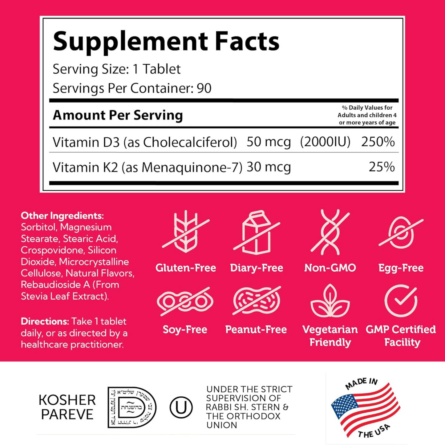 Zahler, Vitamina D3 + K2 Mastigável para Crianças, 2000 UI, Kosher, 90 Comprimidos