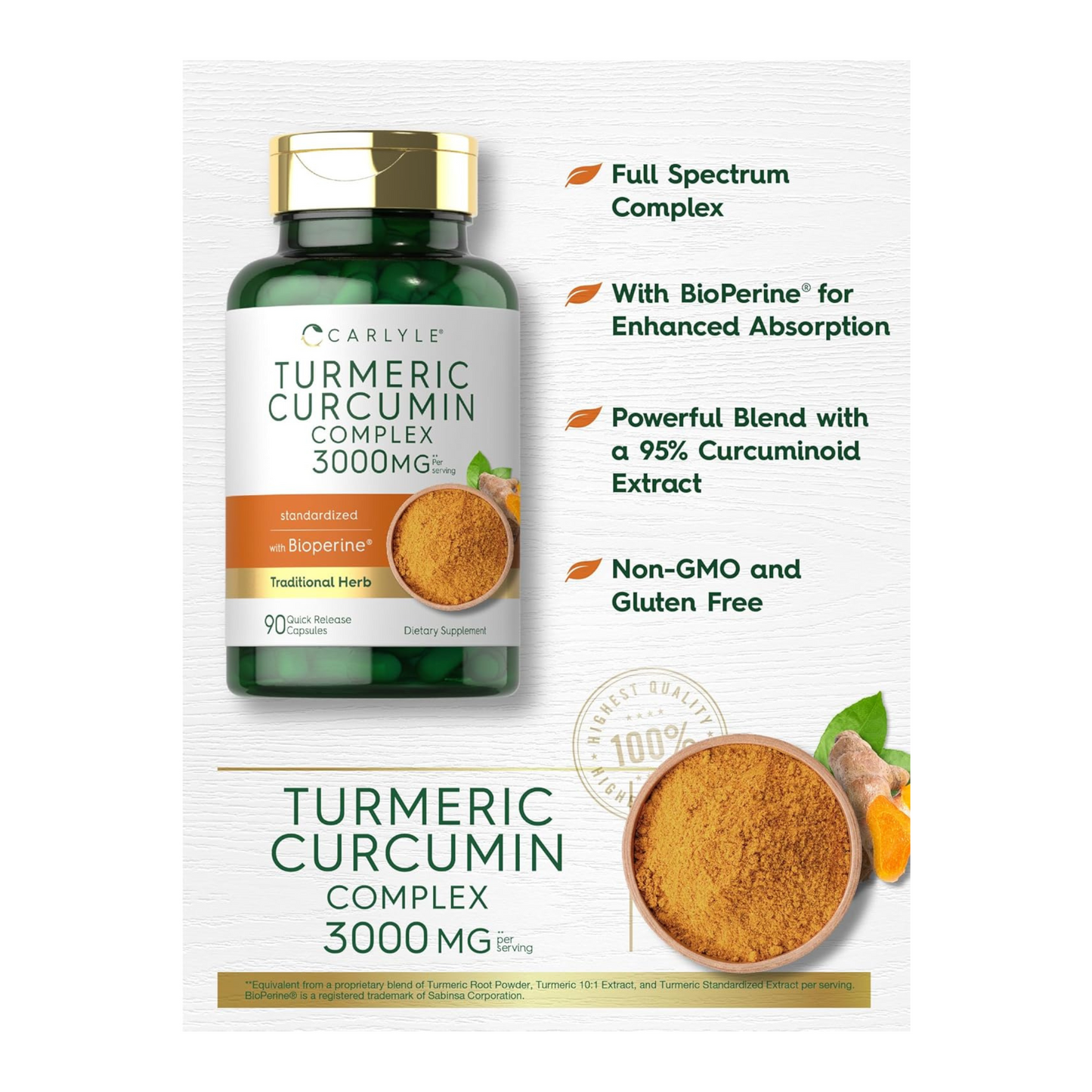 Carlyle Cúrcuma, Turmeric Curcumin, 3000 mg por 3 Cápsulas, com Pimenta-Preta, Curcuminoides e Bioperine, 180 Cápsulas