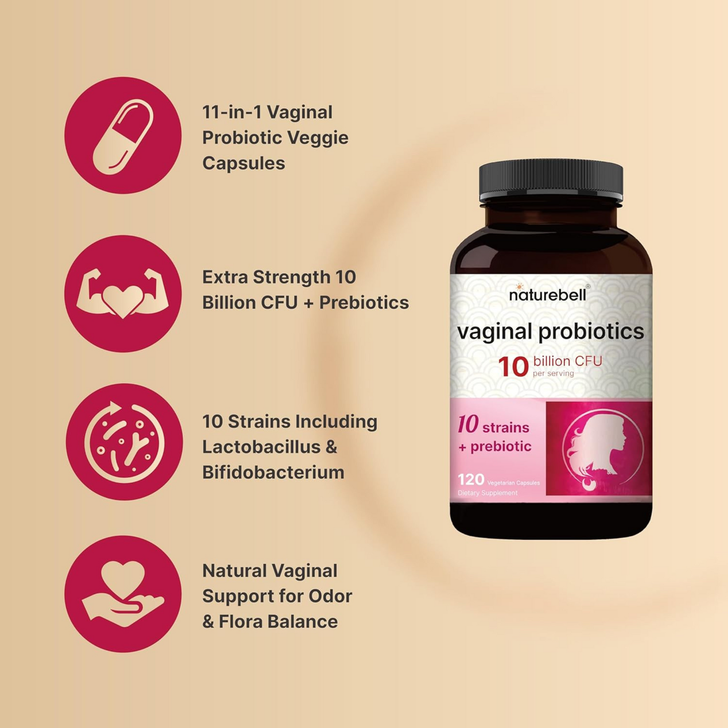 NatureBell Probiótico Vaginal para Mulheres, 10 Bilhões UFC, 120 Cápsulas