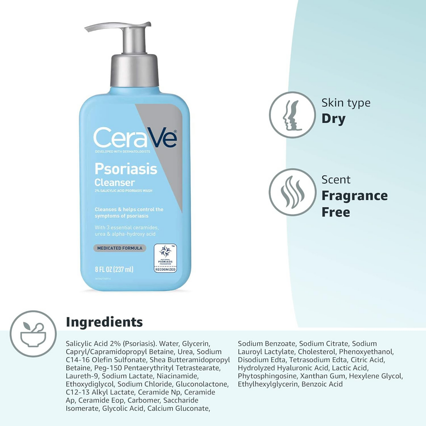 CeraVe Cleanser para Psoríase com Ácido Salicílico com Ácido Lático Esfoliante, 237 ml (8 oz)