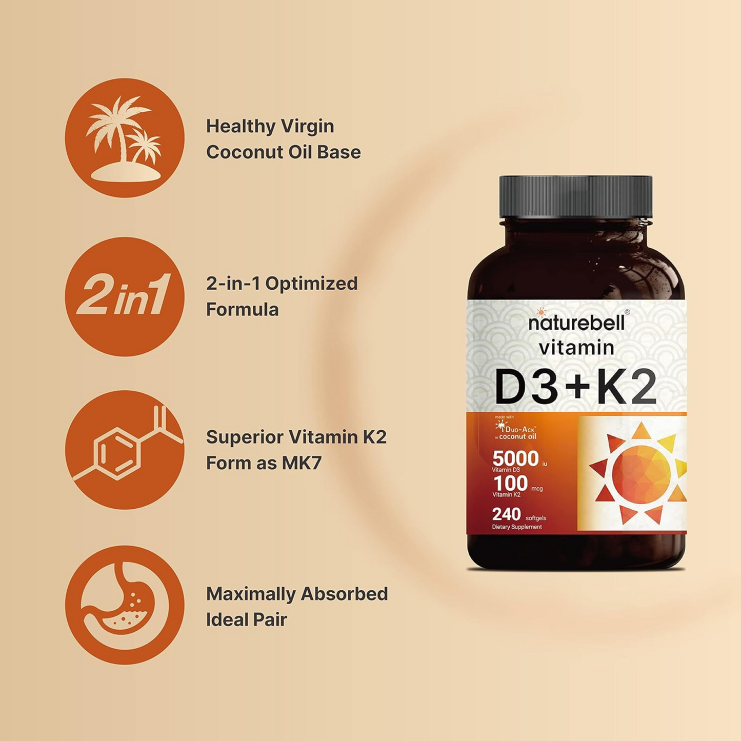 NatureBell Vitamina D3 5000 UI com K2 MK7 100 mcg com Óleo de Coco Virgem 240 Cápsulas Gelatinosas