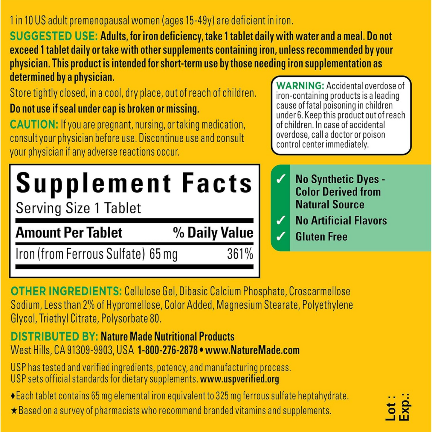 Combo 2x Nature Made Ferro 65 mg (Sulfato Ferroso 325 mg), 180 Comprimidos