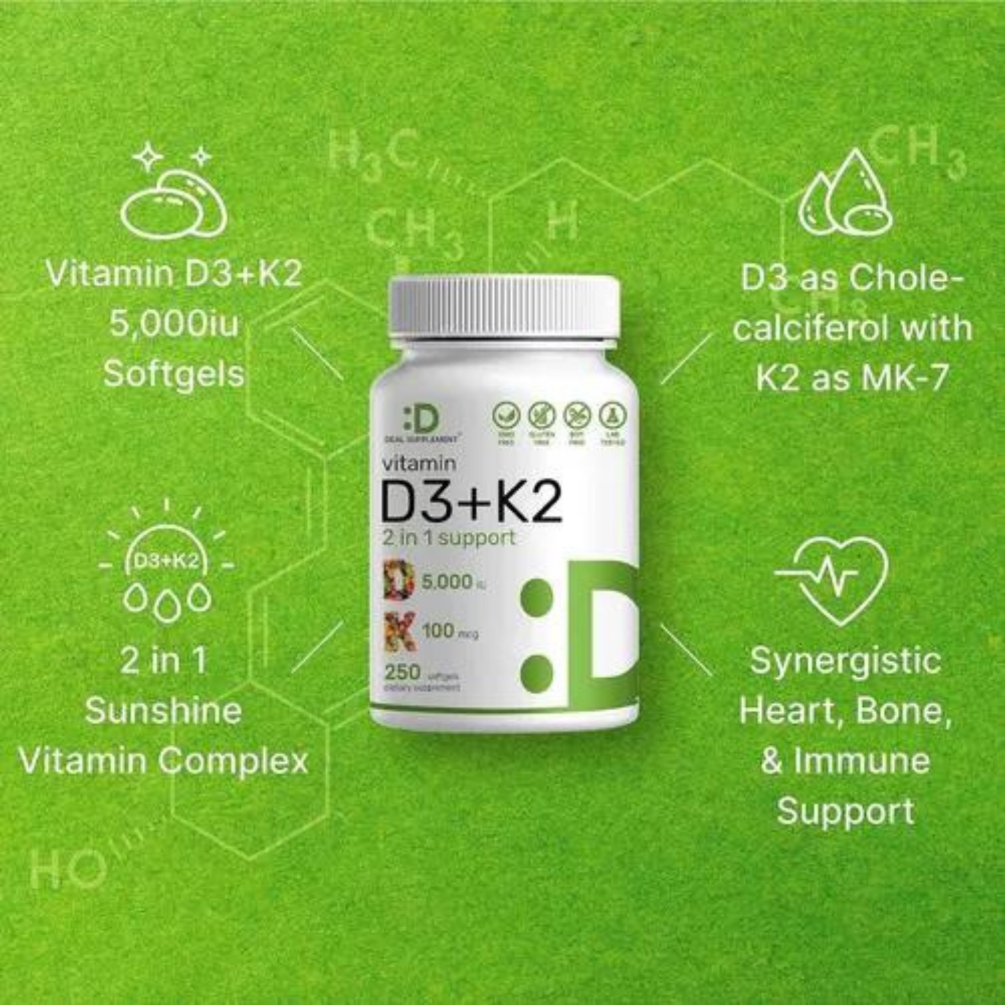 Deal Supplement Vitamina D3 5000 IU & K2 MK7 100 MCG, 250 Softgels