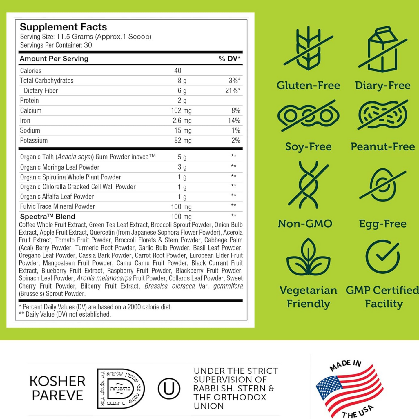 Zahler, Core Greens, Superalimento com Spirulina, Clorofila e Mais, Kosher