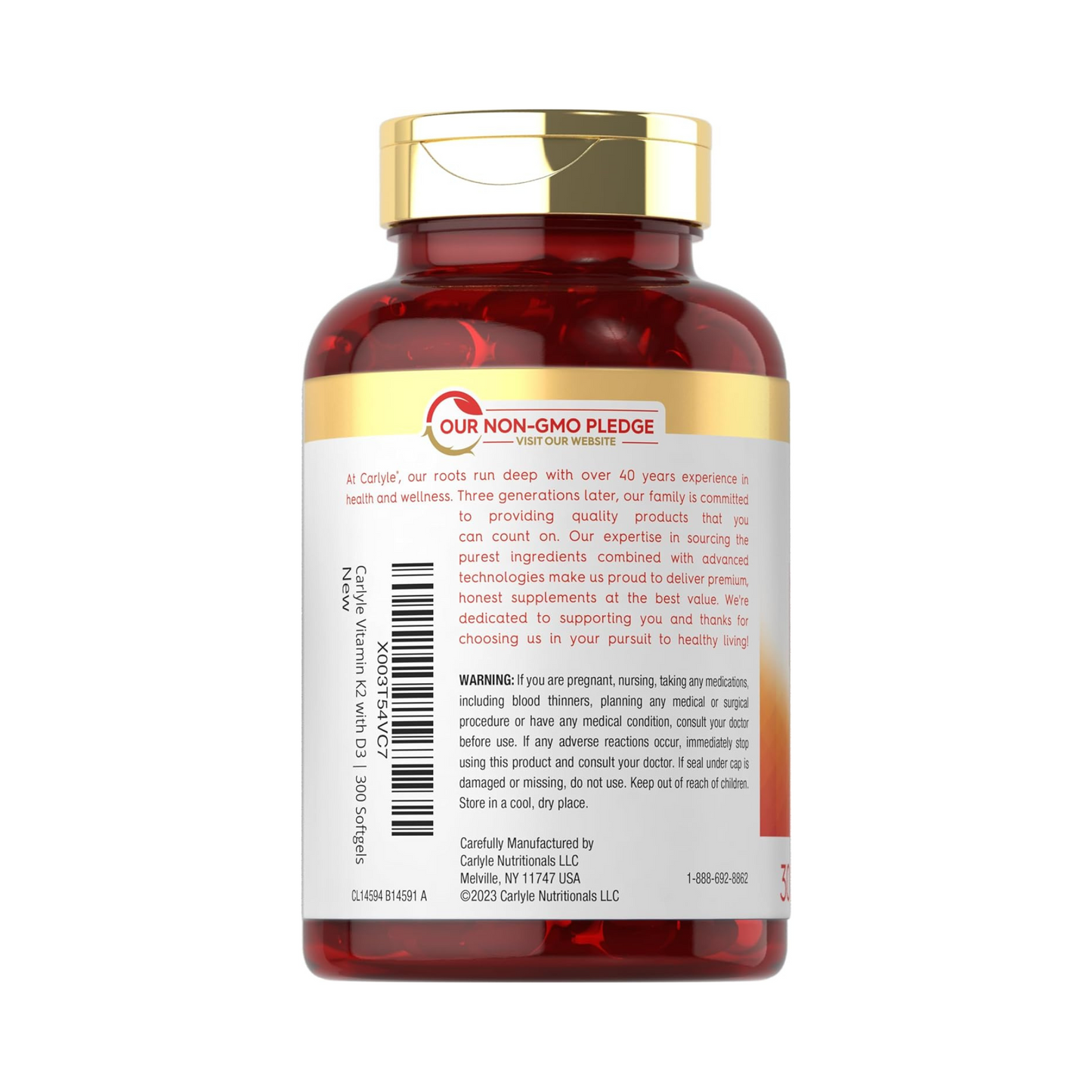 Carlyle Vitamina K2 MK7 e D3, 200 mcg e 10.000 UI (dosagem em 2 cápsulas), 300 Cápsulas Gelatinosas