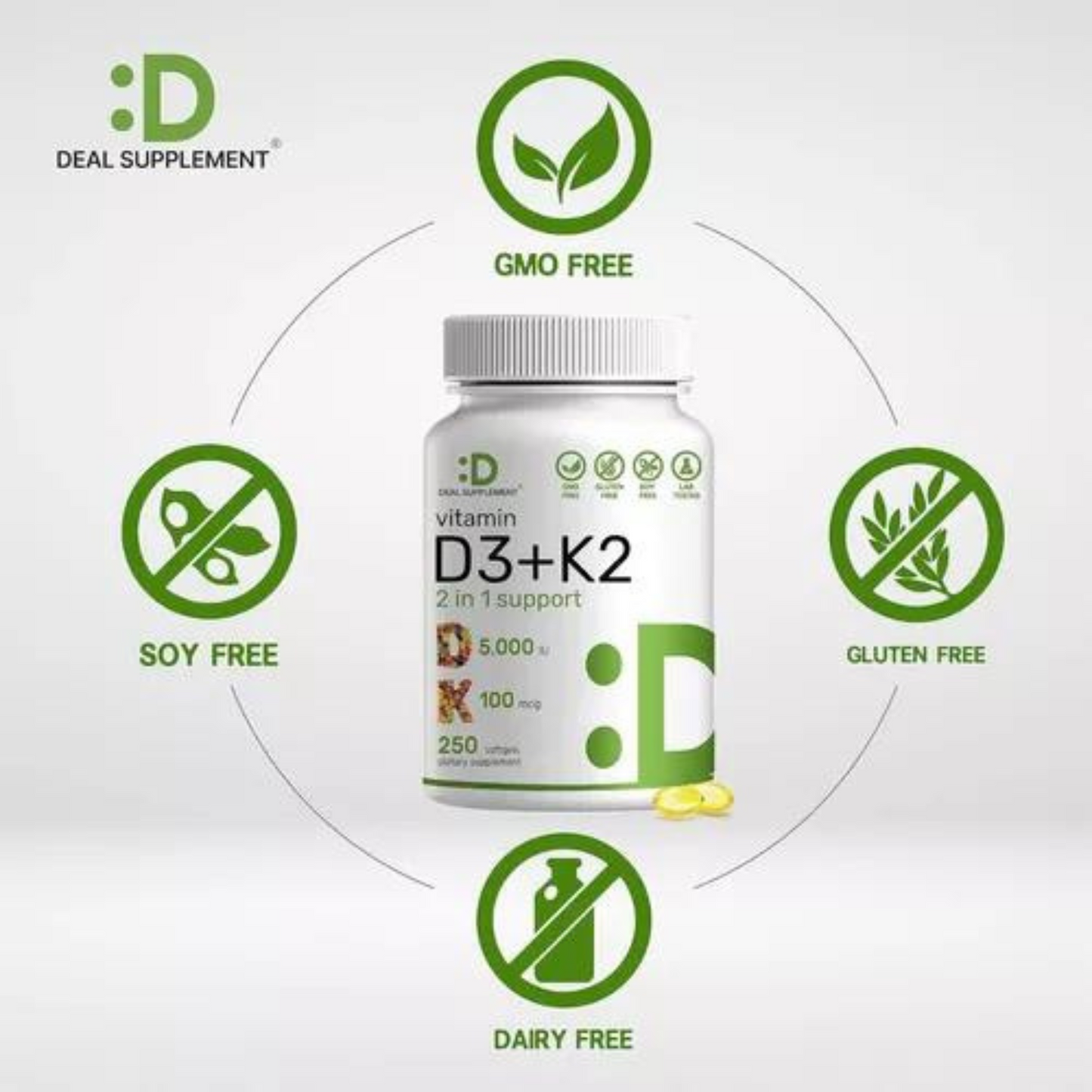 Combo 2 Deal Supplement Vitamina D3 5000IU & K2 MK7 100MCG 250 Softgels