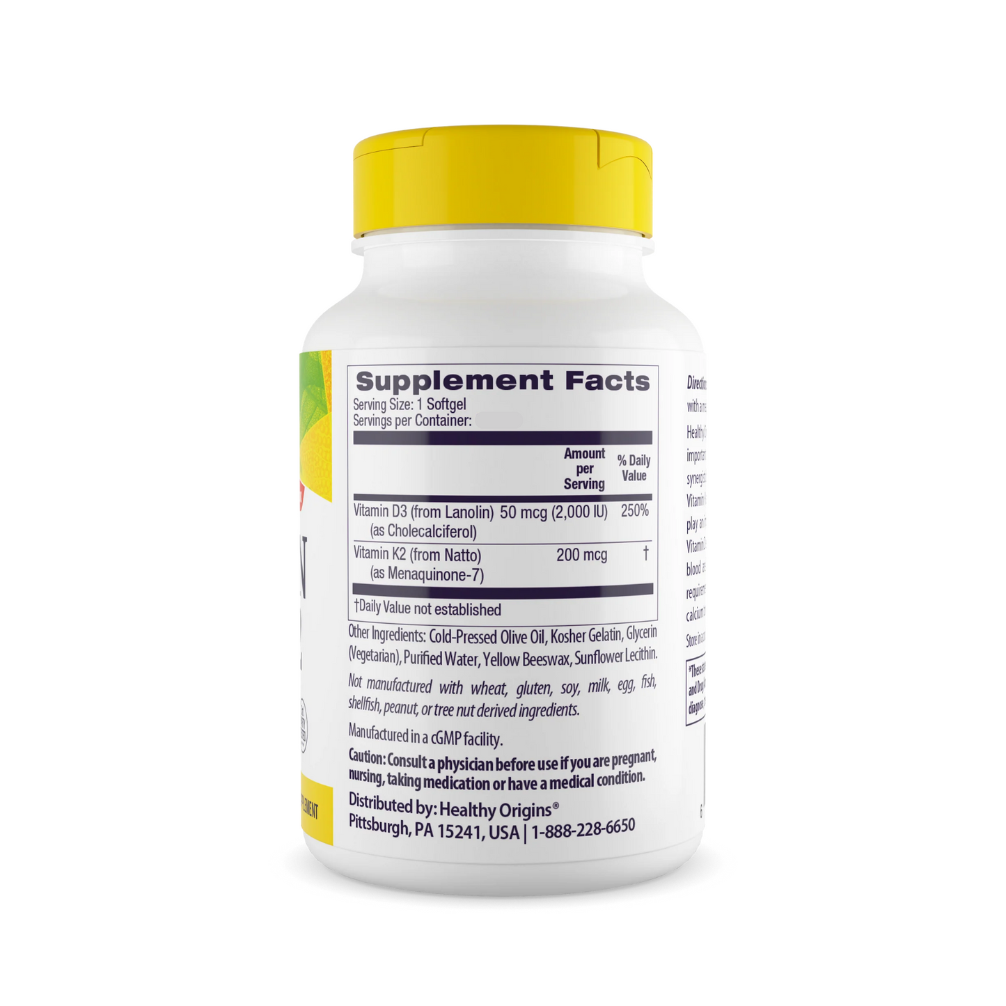 Healthy Origins Vitamina D3 2000 UI (50 mcg) e K2 200 mcg, 180 Cápsulas Gelatinosas