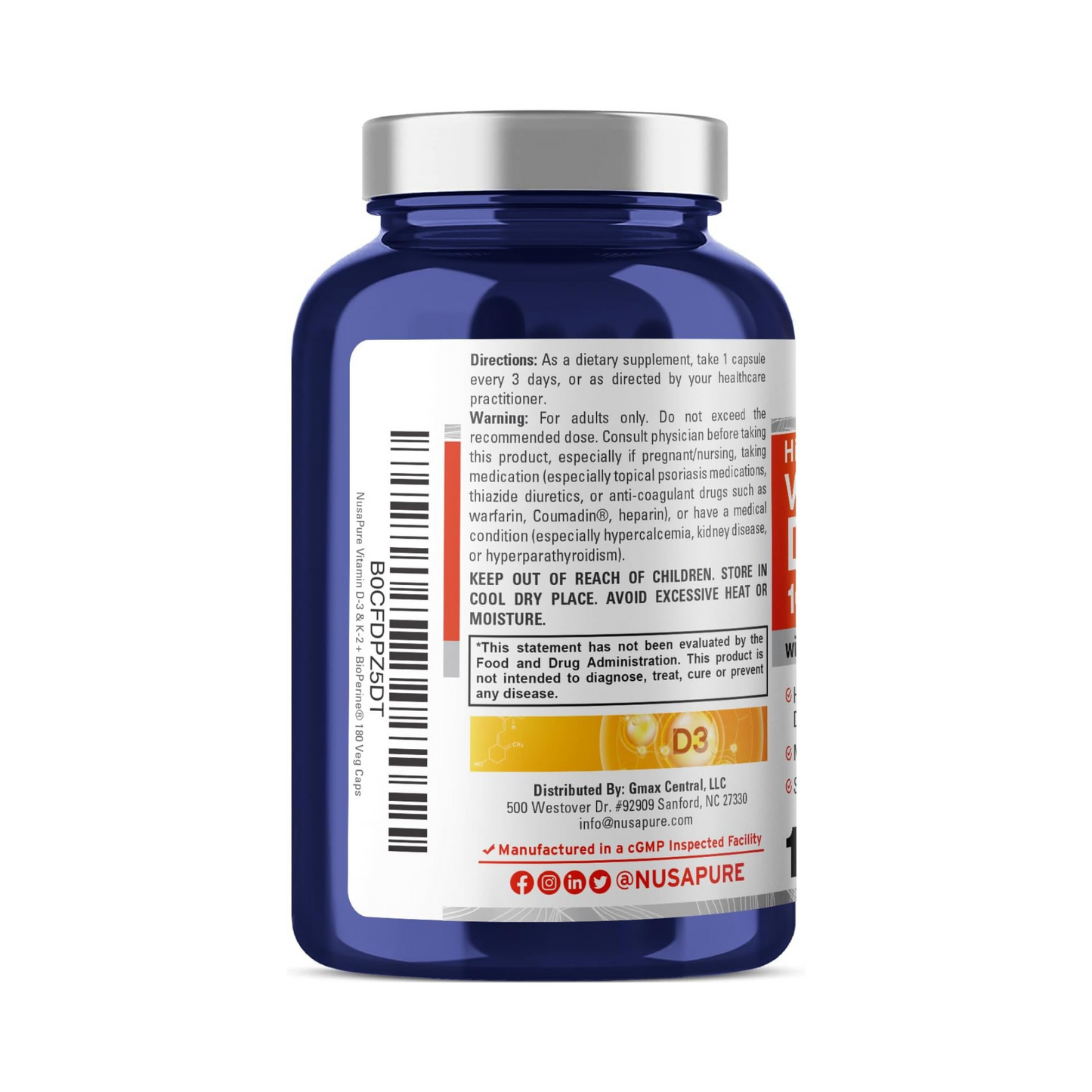 NusaPure Vitamina K2 (MK7) 200mcg + D3 10.000 UI 180 Cápsulas Vegetais