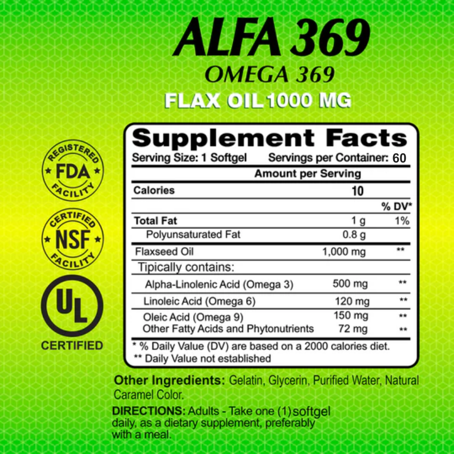 Suplemento Alfa Vitamins 369 Óleo de Linhaça, 1000 mg, 60 Cápsulas