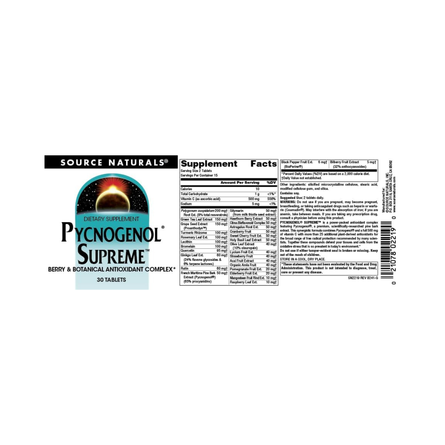Source Naturals Pycnogenol Supreme, Complexo Antioxidante de Frutas Vermelhas e Botânico, 30 Comprimidos