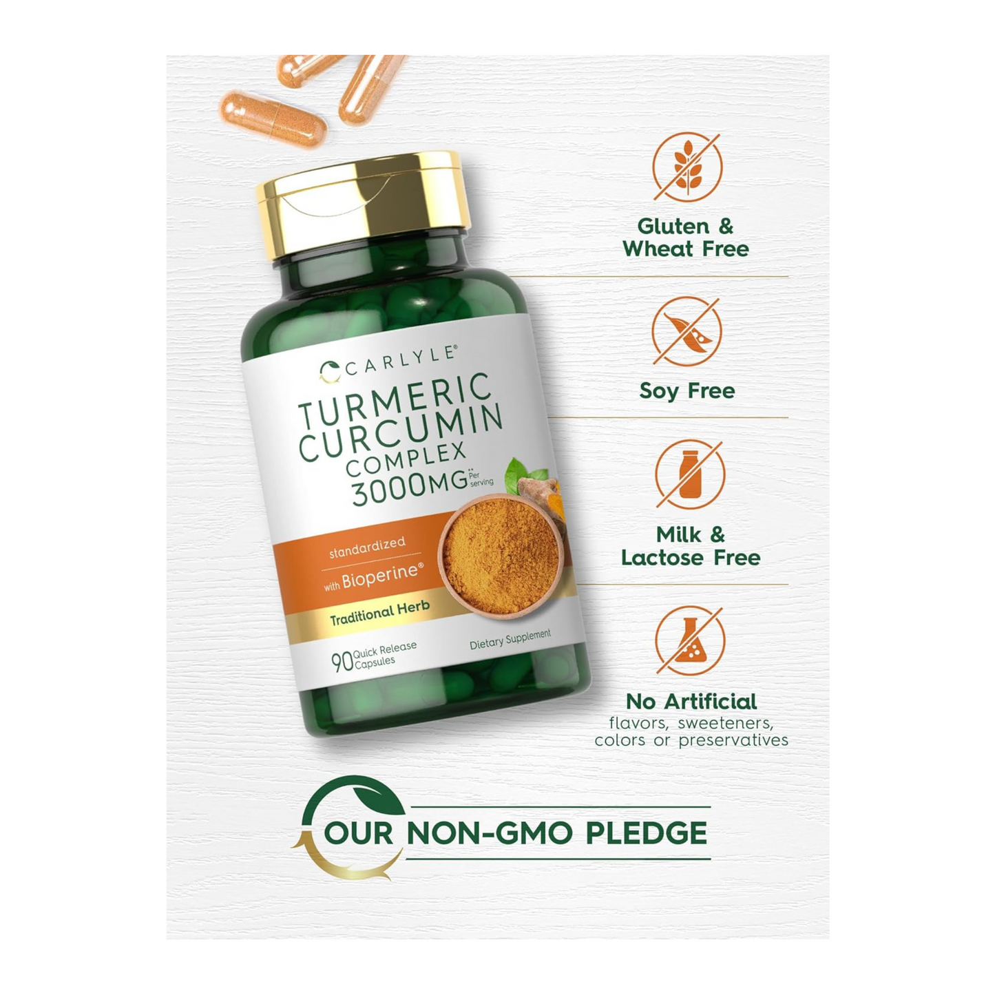 Carlyle Cúrcuma, Turmeric Curcumin, 3000 mg por 3 Cápsulas, com Pimenta-Preta, Curcuminoides e Bioperine, 180 Cápsulas