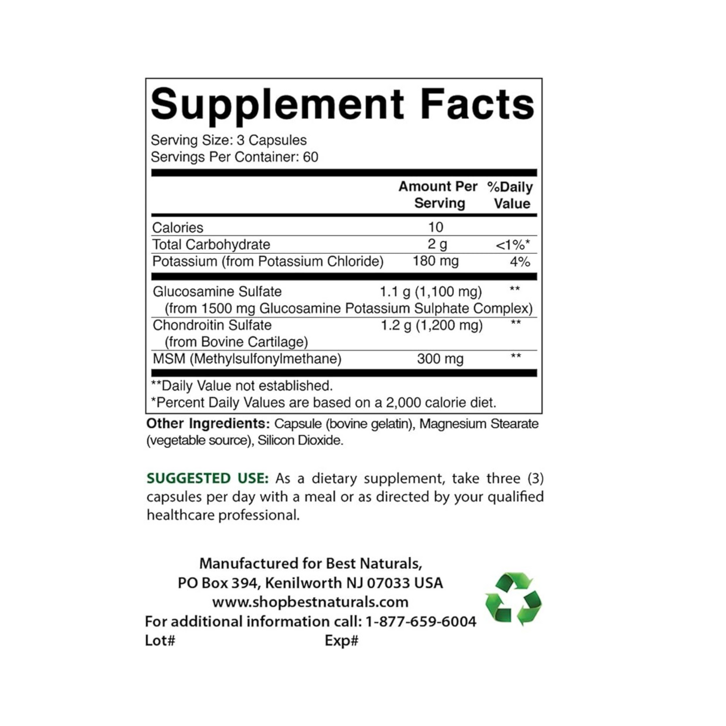 Best Naturals Glucosamine + Chondroitin + MSM, 180 Cápsulas