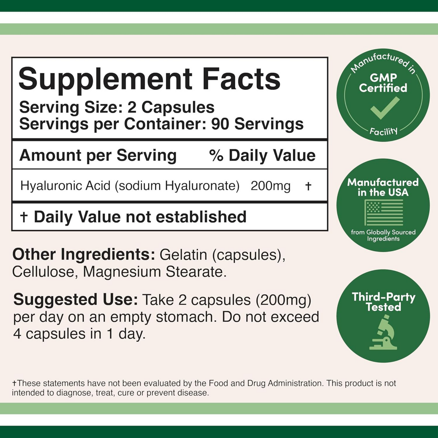 Double Wood Suplemento de Ácido Hialurônico, 200mg, 180 Cápsulas