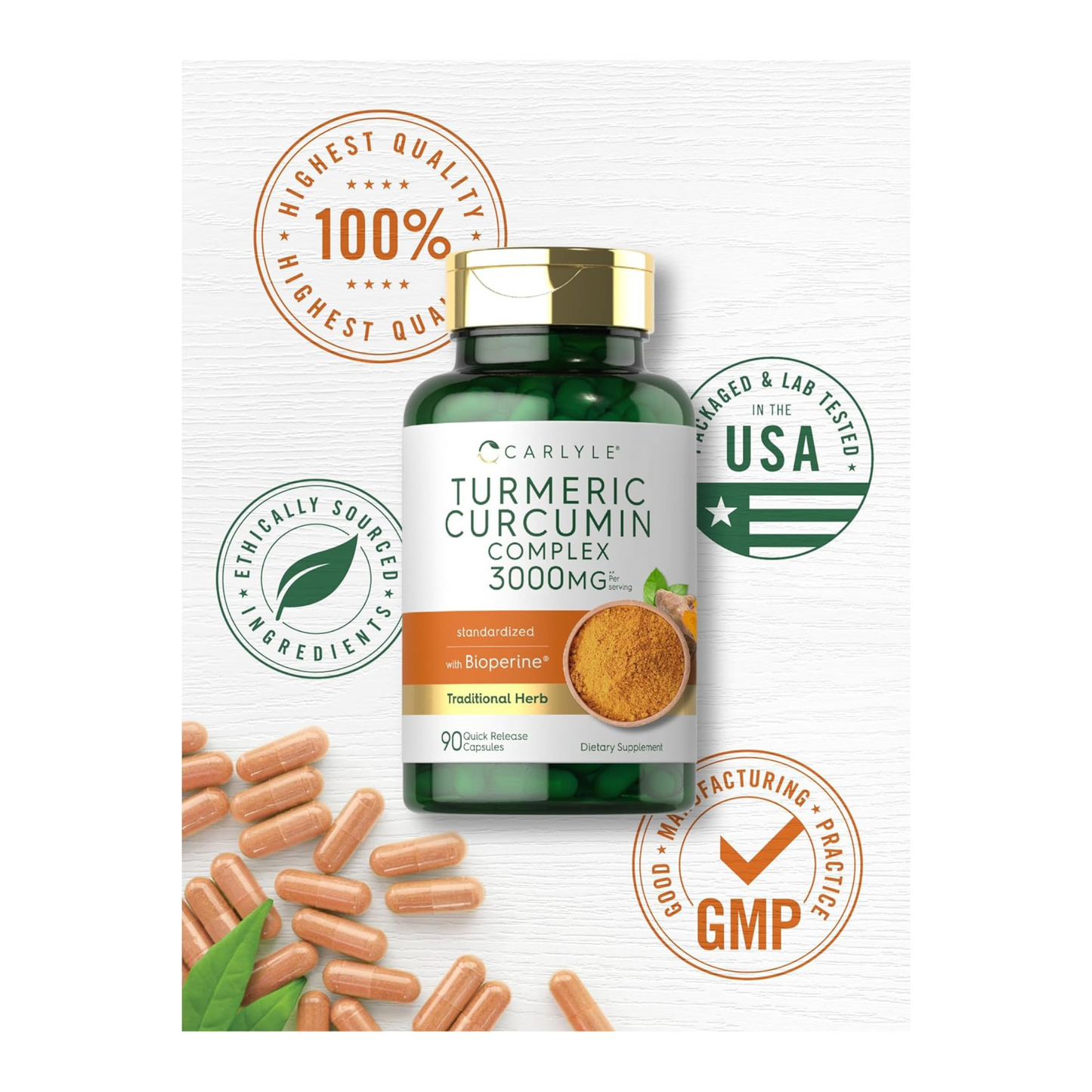 Carlyle Cúrcuma, Turmeric Curcumin, 3000 mg por 3 Cápsulas, com Pimenta-Preta, Curcuminoides e Bioperine, 180 Cápsulas