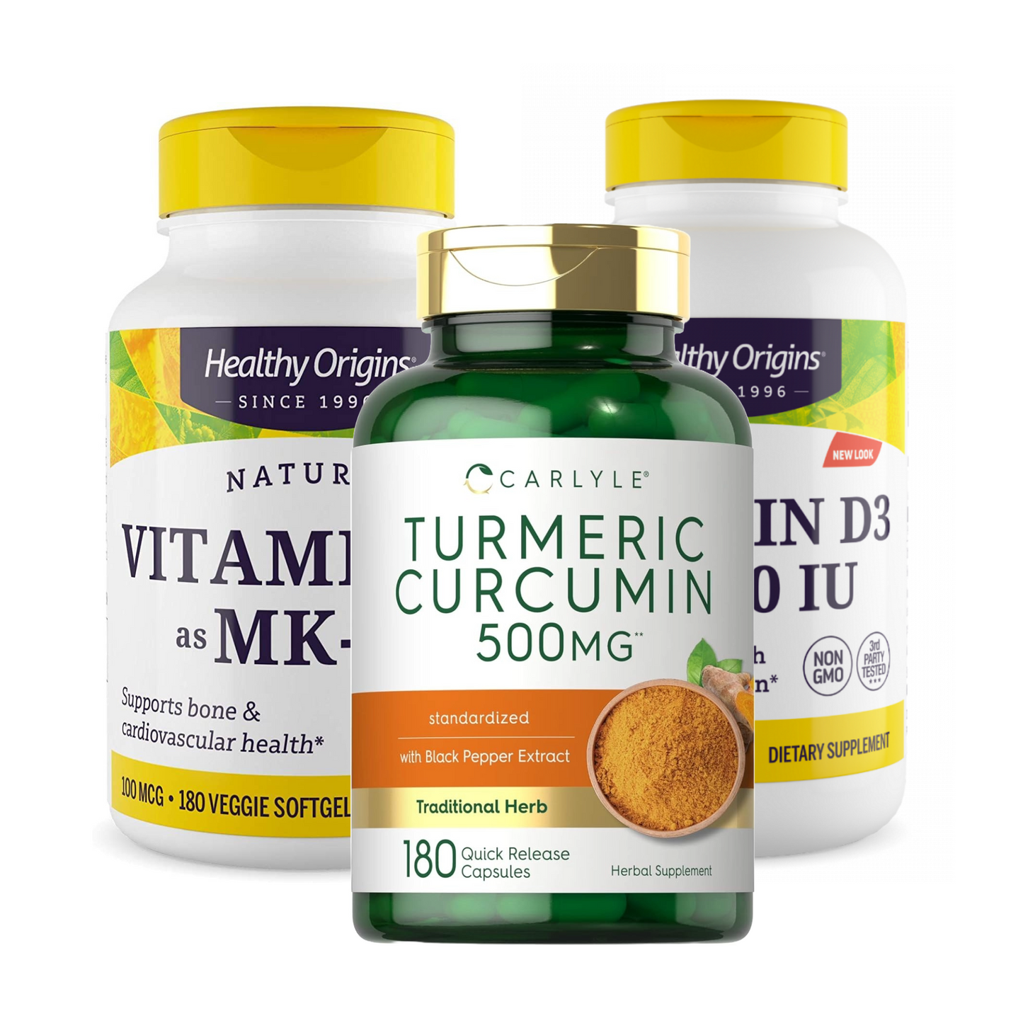 Combo Healthy Origins Vitamina D3 10000 IU, 360 Softgels + Healthy Origins Vitamina K2 MK7 100 mcg, 180 Softgels + Carlyle Curcumina 500 mg, 180 Cápsulas
