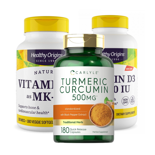Combo 1 Healthy Origins Vitamina D3 10000IU 360 Softgels + 1 Healthy Origins Vitamina k2 MK7 100 MCG 180 Softgels + 1 Carlyle Curcumin 500 MG 180 capsules