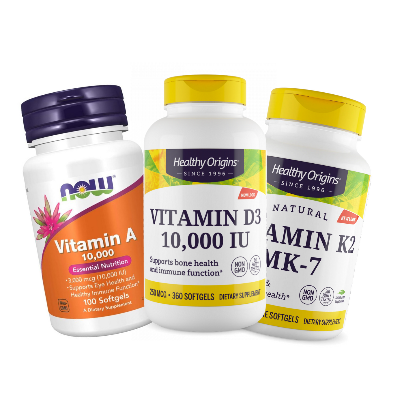 Combo Healthy Origins Vitamina D3 10000 IU, 360 Softgels + Healthy Origins Vitamina K2 MK7 100 mcg, 180 Softgels + Now Foods Vitamina A 10000 IU, 100 Softgels