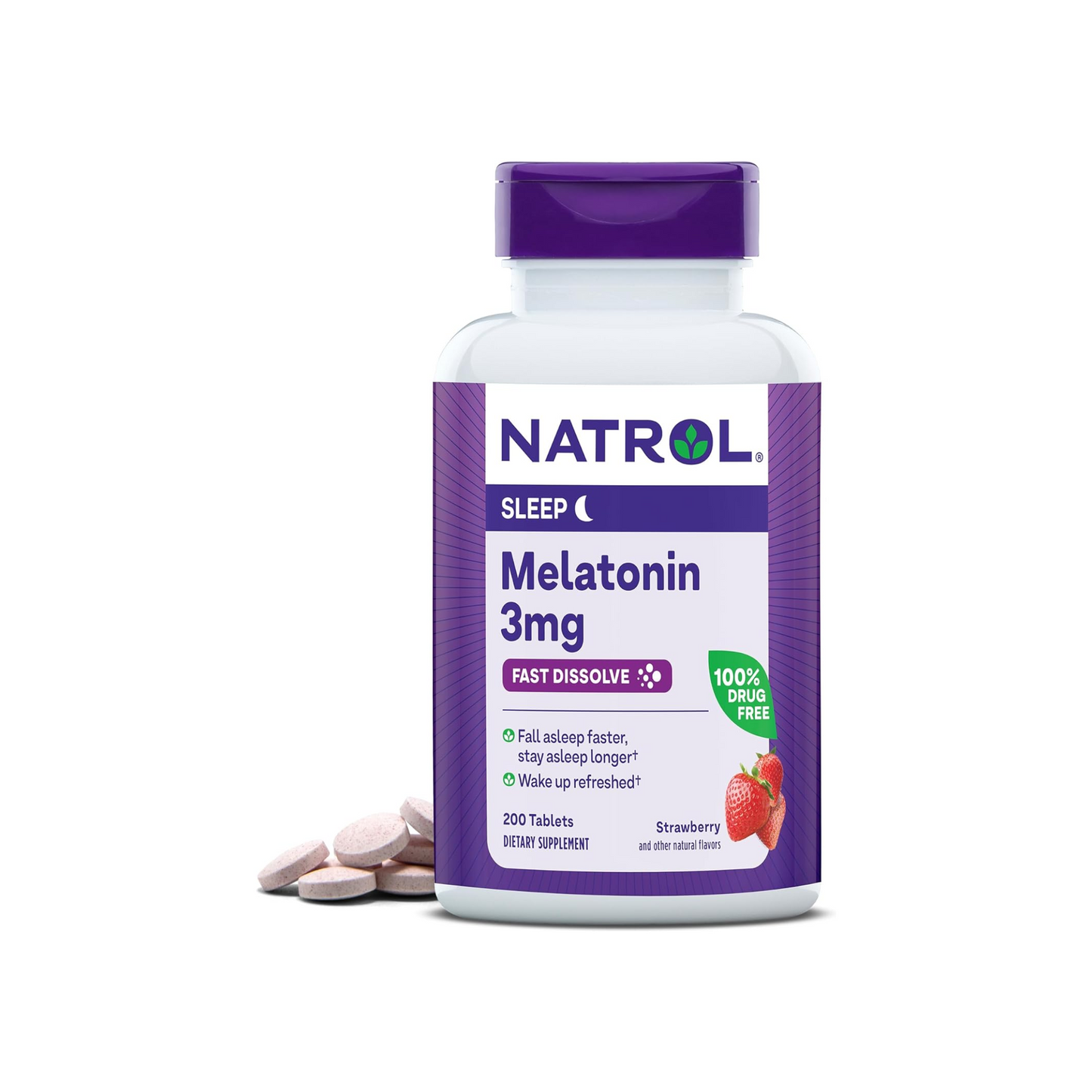 Natrol, Melatonina, Dissolução Rápida, Morango, 3 mg, 200 Comprimidos