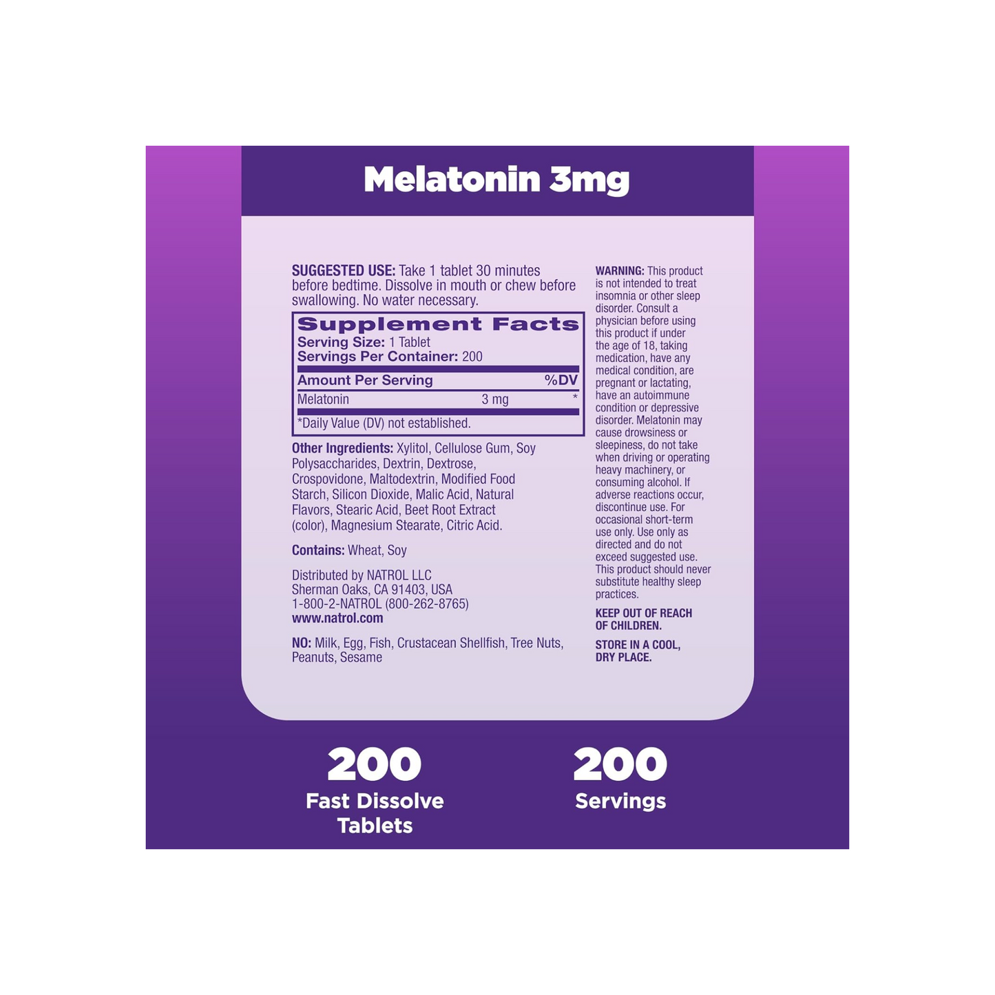 Natrol, Melatonina, Dissolução Rápida, Morango, 3 mg, 200 Comprimidos