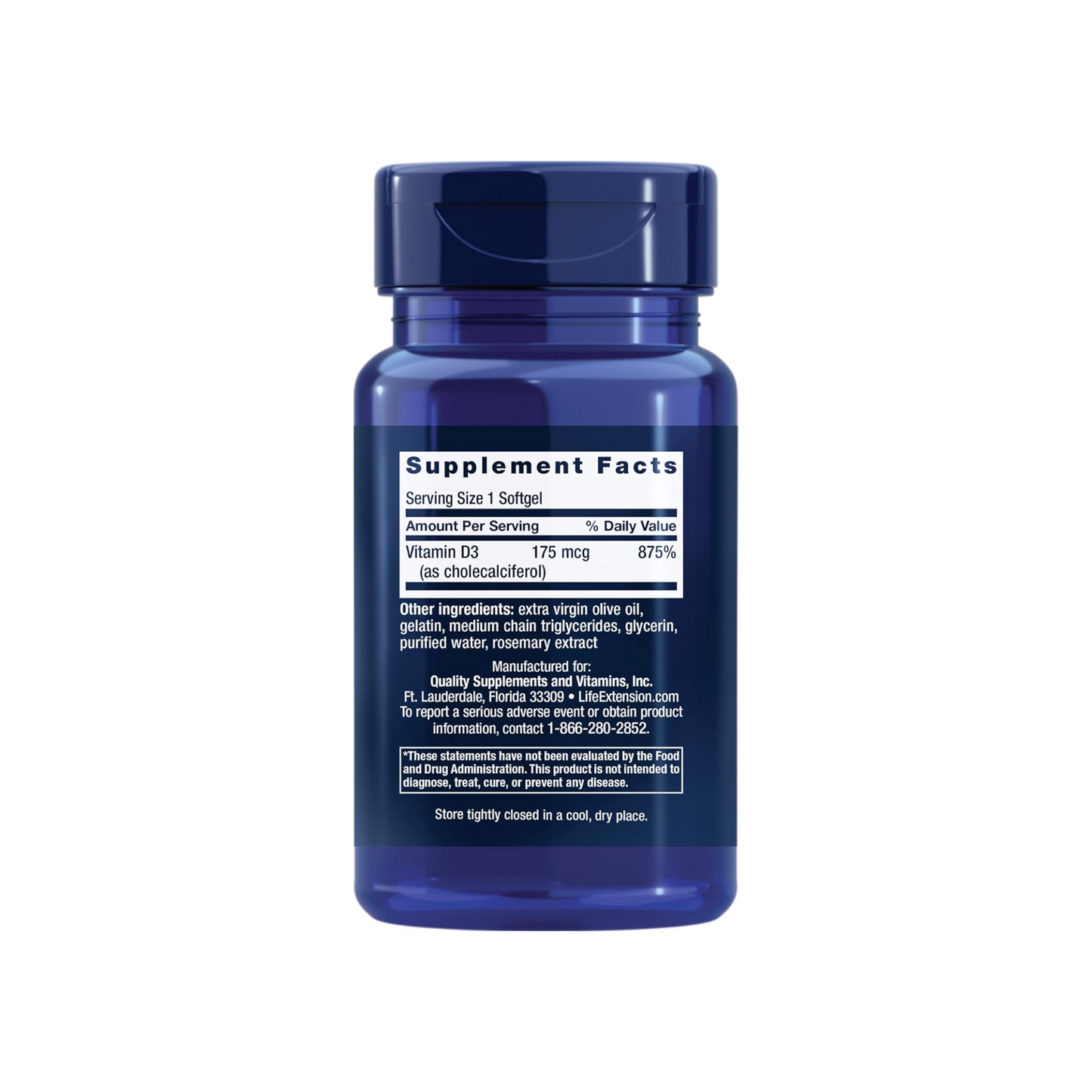 Life Extension, Vitamina D3, 175 mcg, 7000 UI, 60 Cápsulas
