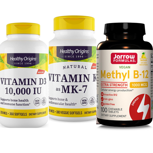 Combo 1 Healthy Origins, Vitamina D3, 10000 UI 360 Softgels & 1 Healthy Origins, Vitamina K2 MK7 100 MCG, 180 360 Softgels & 1 Jarrow Formulas, Metil B-12, Limão, 1.000 mcg, 100 Pastilhas Mastigáveis