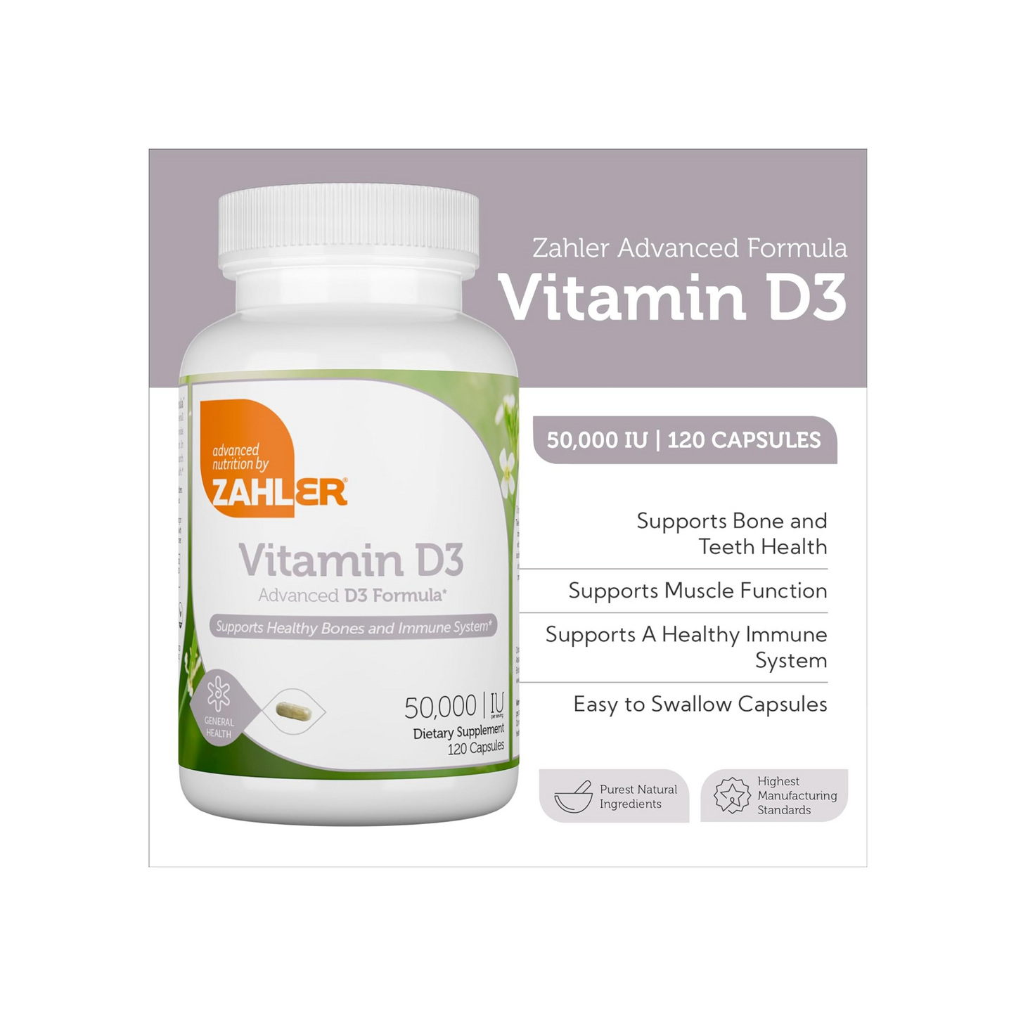 Zahler, Vitamin D3, 1,250 mcg (50,000 IU), 120 Capsules