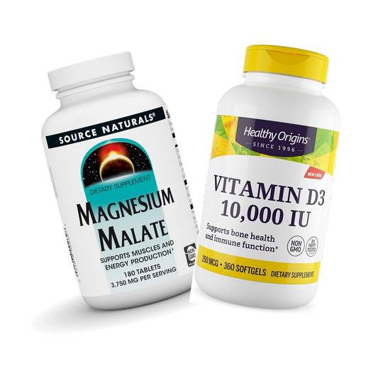 Combo Source Naturals, Magnésio Dimalato, 3.750 mg, 180 Comprimidos (1.250 mg por Comprimido) & 1 Healthy Origins, Vitamina D3, 10000 IU, 360 Softgels