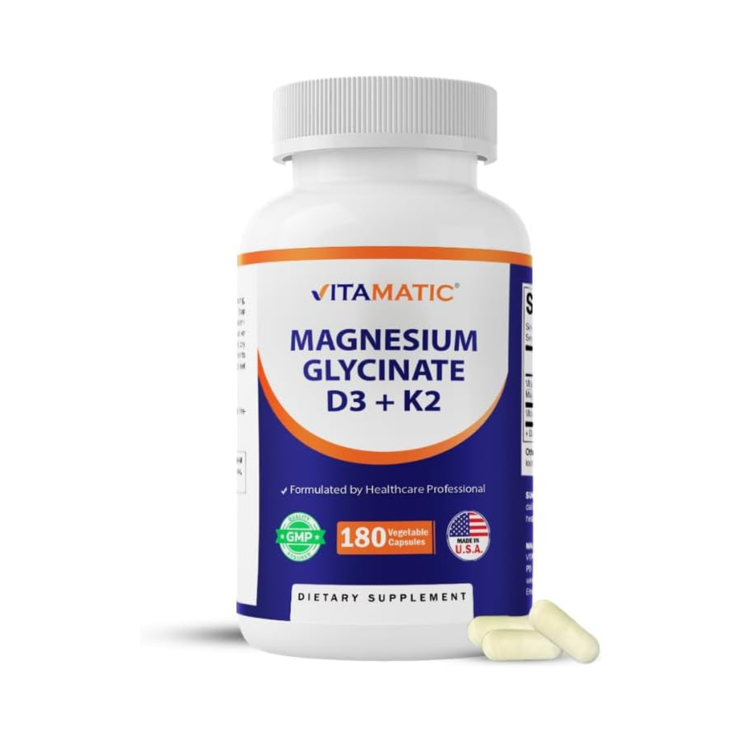 Vitamatic Glicinato de Magnésio Vitamatic 200 mg com Vitamina D3 5000 UI e K2 200 mcg, Suporte Ósseo e Muscular, 180 Cápsulas Vegetais