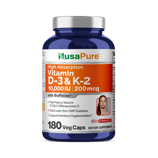 NusaPure Vitamina K2 (MK7) 200mcg + D3 10.000 UI 180 Cápsulas Vegetais