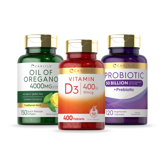 Combo Carlyle, Óleo de Orégano 4000mg, 150 Softgels + Vitamina D3 400UI, 10mcg, 400 Comprimidos + Probióticos com Prebióticos, 120 Cápsulas