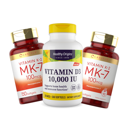 Combo 1 Healthy Origins, D3, 10000IU, 360 Softgels + 2 Carlyle, Vitamina K2 MK-7, 100mcg, 150 softgels