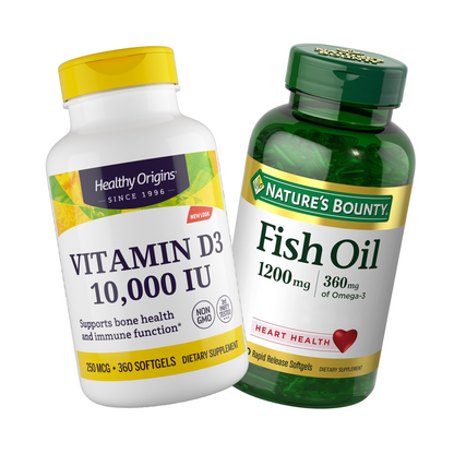 Combo, 1 Healthy Origins, Vitamina D3 10000 IU, 360 Cápsulas Gelatinosas + Nature's Bounty Óleo de Peixe, 1200 mg, 360 mg de Ômega-3, 200 Cápsulas Gelatinosas