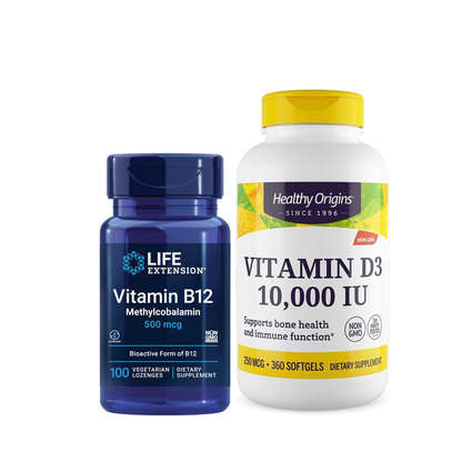 Combo Life Extension B12 Metilcobalamina 500 mcg (100 Pastilhas) + Healthy Origins Vitamina D3 10.000 UI (360 Softgels)