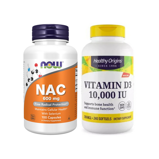 Combo Now NAC 600 mg com Selênio e Molibdênio, 100 Cápsulas Veg + Healthy Origins Vitamina D3 10.000 UI, 240 Cápsulas
