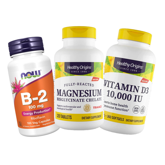 Combo de 1 NOW Vitamina B-2 (Riboflavina) 100 mg, 100 Cápsulas Vegetais 1 Healthy Origins, Vitamina D3, 10000IU, 360 Softgels e 1 Healthy Origins, Bisglicinato De Magnésio, 100 mg 120 Comprimidos