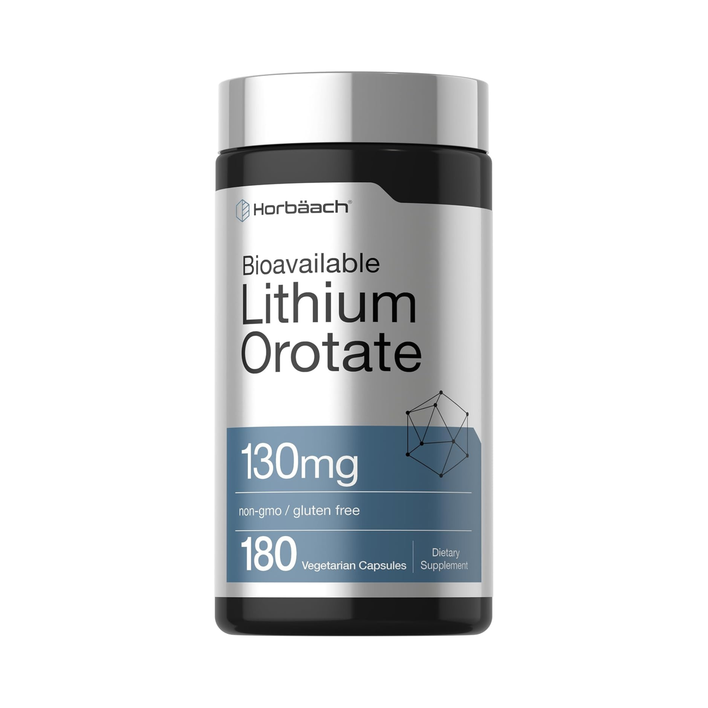 Horbäach Oronato de Lítio 130 mg, 5 mg de Lítio Elementar Biodisponível, 180 Cápsulas