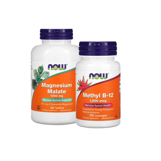 Combo Now Magnesium Malate 1000 mg, 180 Comprimidos + Now Methyl B12 1000 mcg, 100 Comprimidos Sublinguais