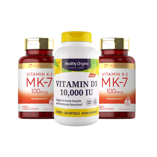 Combo Vitamina D3 Healthy Origins 10.000 UI 360 Softgels + 2x Carlyle Vitamina K2 MK7 100 mcg, 150 Softgels