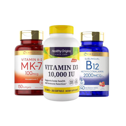 Combo Carlyle K2 MK7 100 mcg + B12 2000 mcg (Dosagem em 2 Cápsulas) + Healthy Origins D3 10.000 UI, 360 Softgels