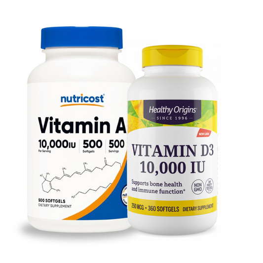 Combo Healthy Origins Vitamina D3 10.000 UI 360 Cápsulas + Nutricost Vitamina A 10.000 UI, 500 Cápsulas