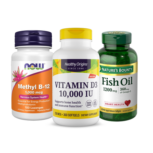 Combo Healthy Origins Vitamina D3 10000 UI 360 Cápsulas + Nature's Bounty Óleo de Peixe 1200 mg com Ômega-3 200 Cápsulas + Now Methyl B12 1000 mcg 100 Comprimidos Sublinguais