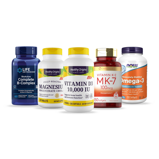Combo Life Extension Complexo B + Healthy Origins Vitamina D3 + Carlyle Vitamina K2 MK7 100mcg + Magnésio Bisglicinato + NOW Foods Ômega-3