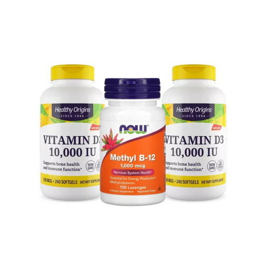Combo NOW Foods Metil B-12 1000 mcg 100 Pastilhas + 2x Healthy Origins Vitamina D3 10.000 UI, 240 Softgels