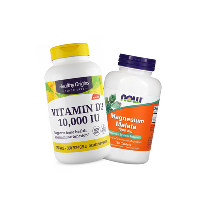 Combo 1 Healthy Origins, D3, 10000IU, 360 Softgels e 1 NOW Foods, Magnésio Dimalato, 1000 mg, 180 Comprimidos