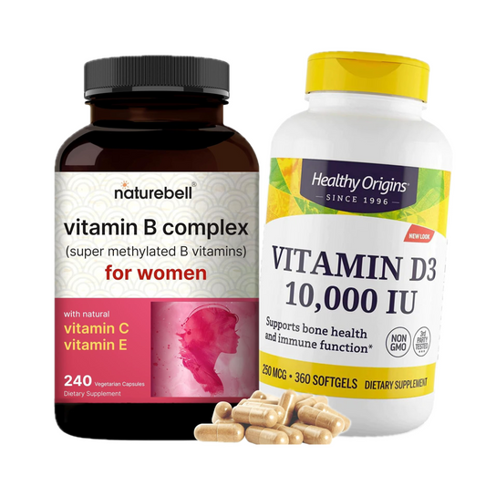 Combo Healthy Origins Vitamina D3 10000 UI 360 Cápsulas Softgel NatureBell Complexo de Vitamina B para Mulheres 240 Cápsulas Vegetais