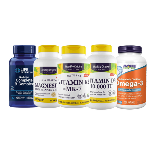 Combo Life Extension Complexo B + Healthy Origins Vitamina D3 + K2 MK7 + Magnésio Bisglicinato + NOW Foods Ômega-3